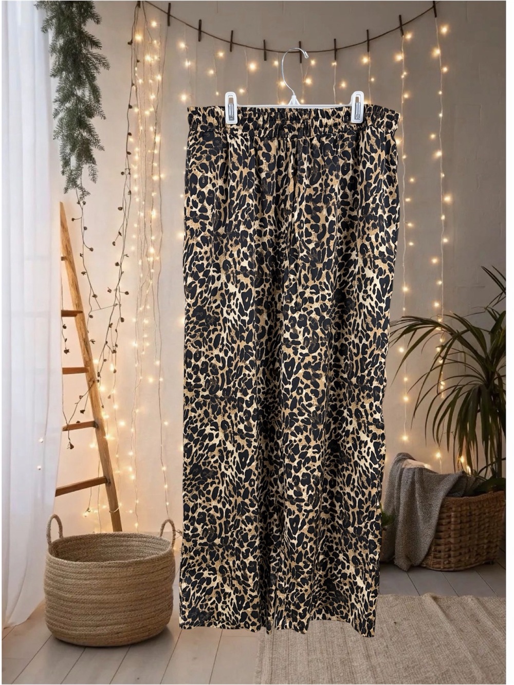 Rafaella Leopard-Print Wide Leg satin Pants in Black and Tan medium